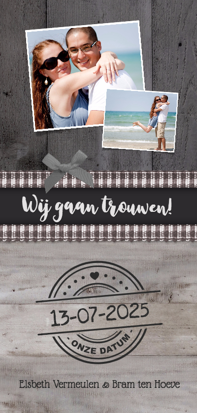 Trouwkaart langwerpig stijlvol met hout en foto's - Trouwkaarten Trouwkaarten - Trouwkaart langwerpig stijlvol met hout en foto's