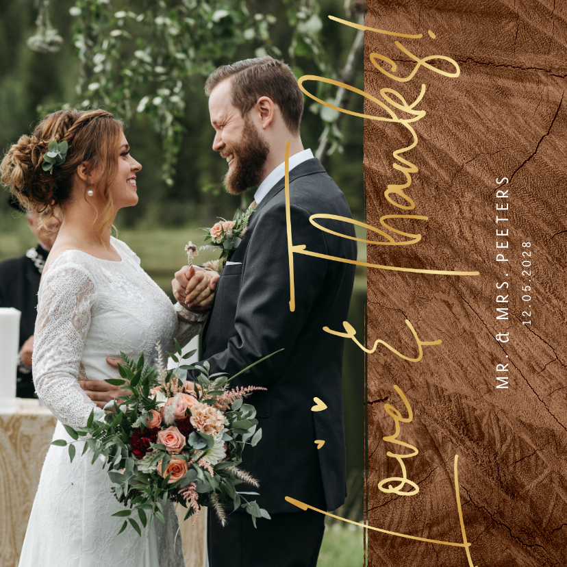 Trouwkaart love and thanks hout goud foto hartjes - Trouwkaarten Trouwkaarten - Trouwkaart love and thanks hout goud foto hartjes