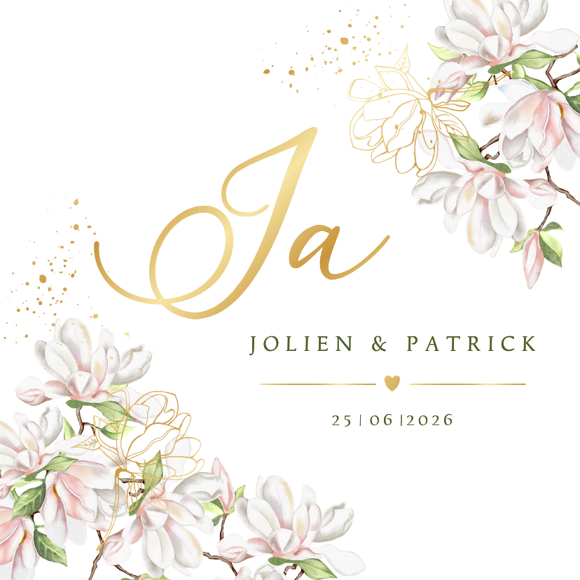 Trouwkaarten - Trouwkaart magnoliatakken met goudfolie