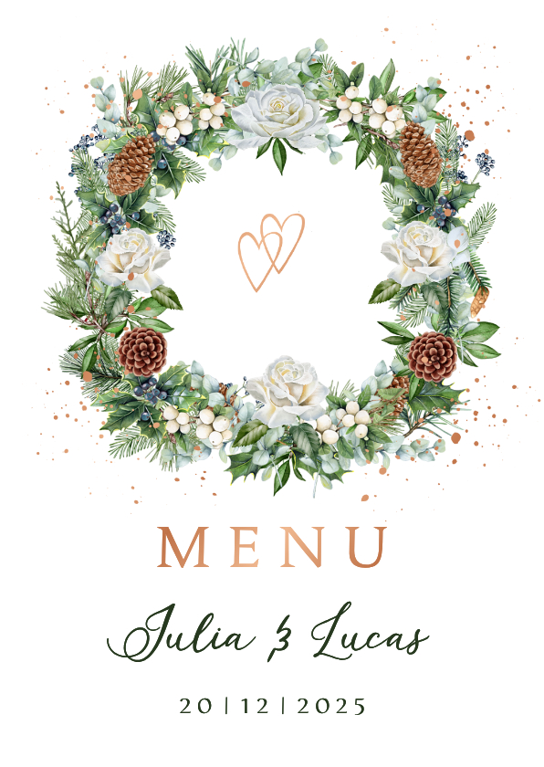 Trouwkaarten - Trouwkaart menu krans witte rozen met kersttakken
