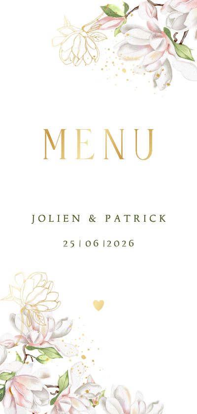 Trouwkaarten - Trouwkaart menu magnoliatakken met goudfolie