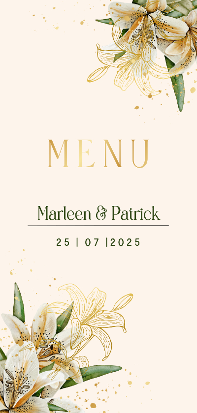 Trouwkaarten - Trouwkaart menu witte lelies goudfolie