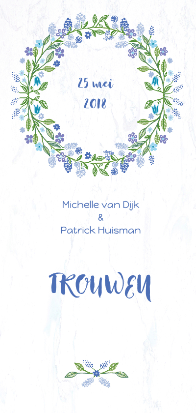 Trouwkaart met blauwe bloemenkrans - Trouwkaarten Trouwkaarten - Trouwkaart met blauwe bloemenkrans