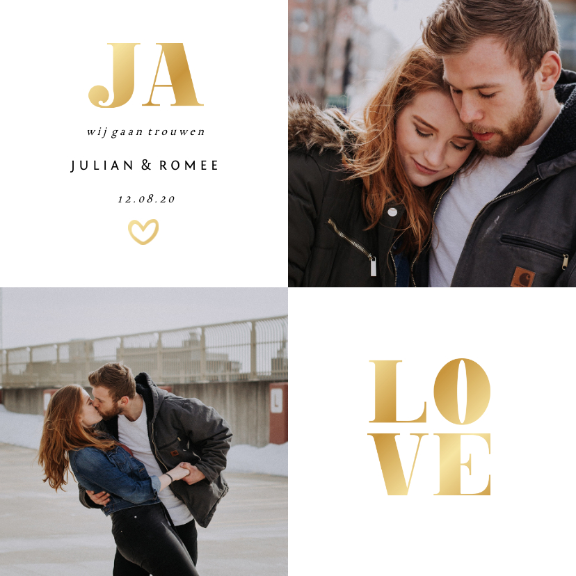 Trouwkaart met foto en gouden accenten vierkant - Trouwkaarten Trouwkaarten - Trouwkaart met foto en gouden accenten vierkant
