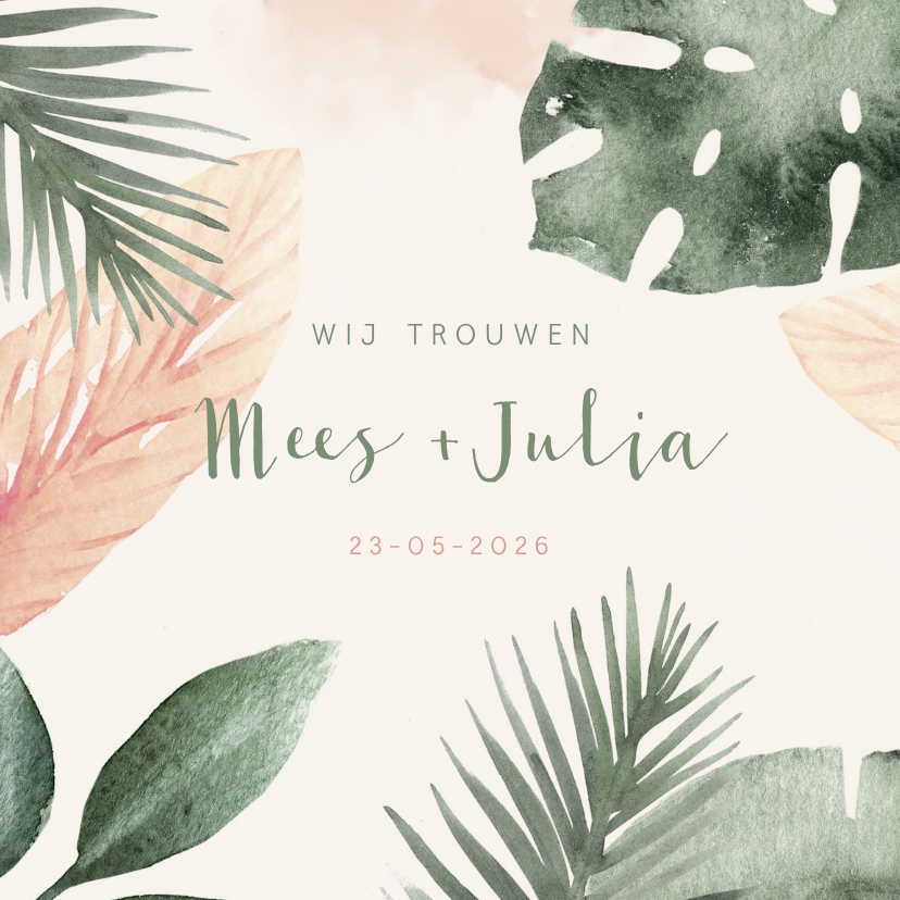 Trouwkaarten - Trouwkaart met groene en zalmroze bladeren van waterverf