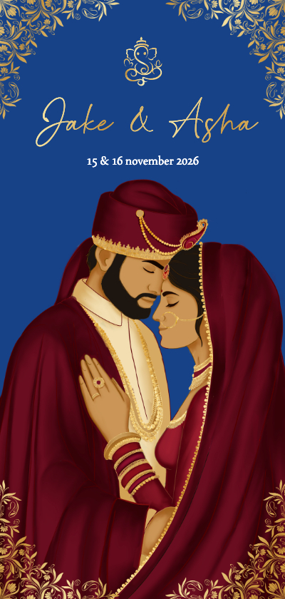 Trouwkaarten - Trouwkaart met romantisch Indiaas bruidspaar in bordeaux 