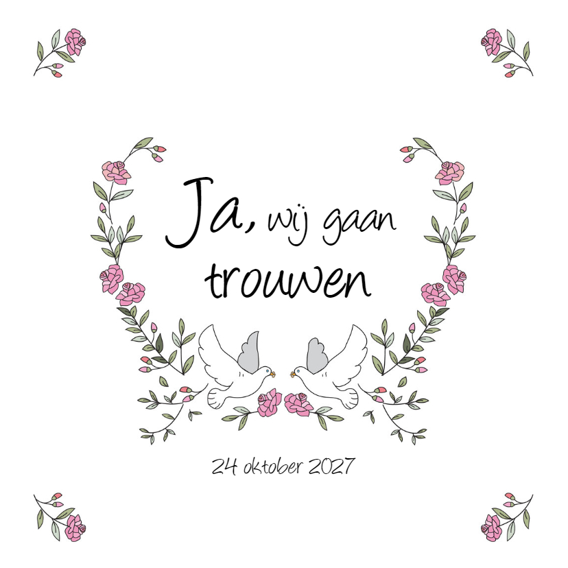 Trouwkaart met rozen en duiven - Trouwkaarten Trouwkaarten - Trouwkaart met rozen en duiven