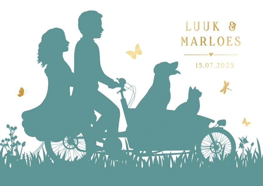 Trouwkaarten - Trouwkaart met silhouet bakfiets met hond en/of kat