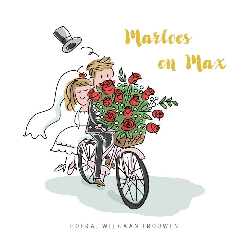 Trouwkaarten - Trouwkaart met stel op een fiets met rozen