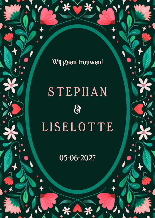 Trouwkaarten - Trouwkaart met vrolijk geïllustreerd bloemenkader