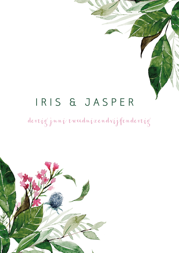 Trouwkaart met watercolor bloemen en bladeren - Trouwkaarten Trouwkaarten - Trouwkaart met watercolor bloemen en bladeren