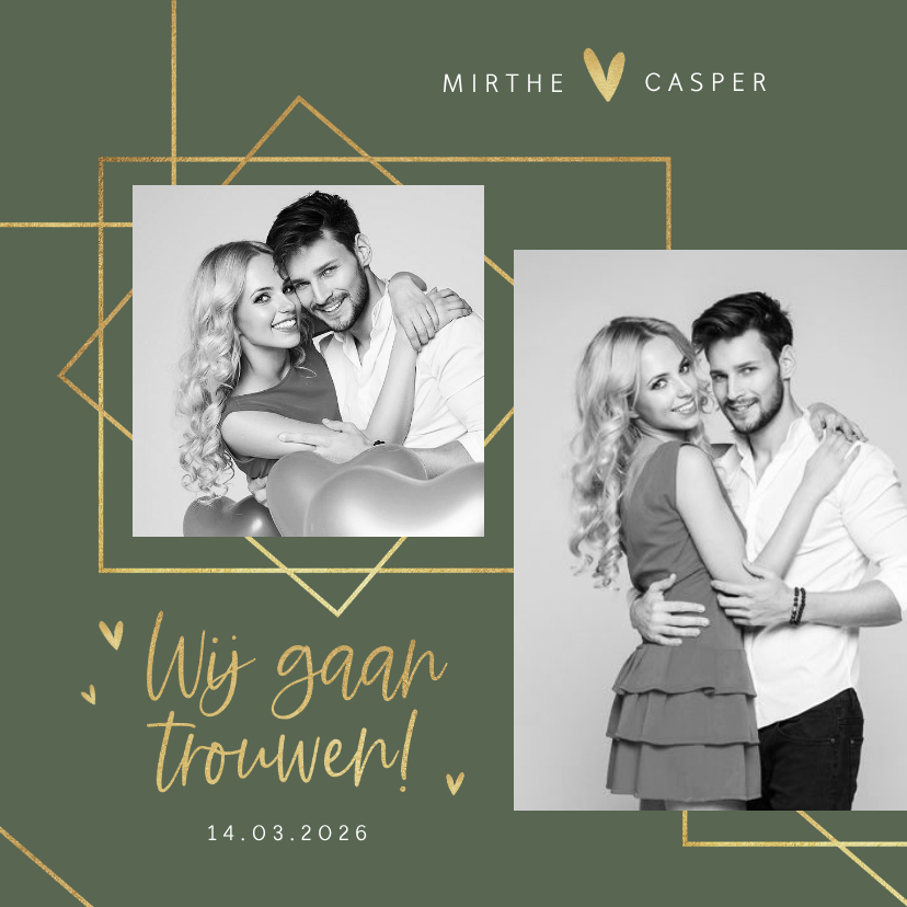 Trouwkaarten - Trouwkaart modern stijlvol goud grafisch hartjes foto's