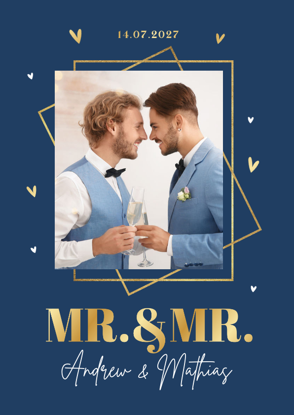 Trouwkaart mr and mr goud hartjes foto - Trouwkaarten Trouwkaarten - Trouwkaart mr and mr goud hartjes foto