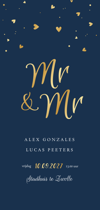 Trouwkaart mr and mr hartjes goud spetters Trouwkaart mr and mr hartjes goud spetters