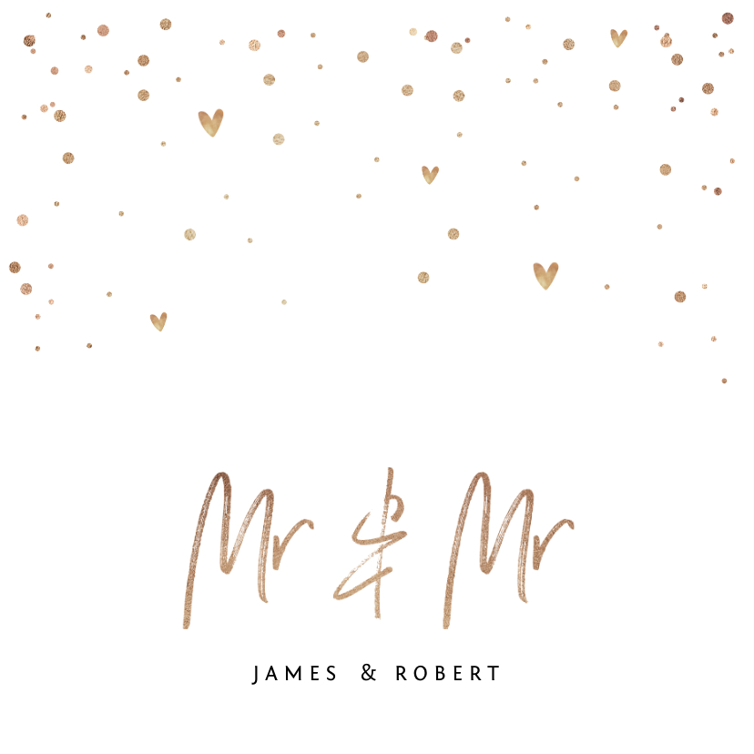 Trouwkaart Mr & Mr met goudlook tekst, confetti en hartjes