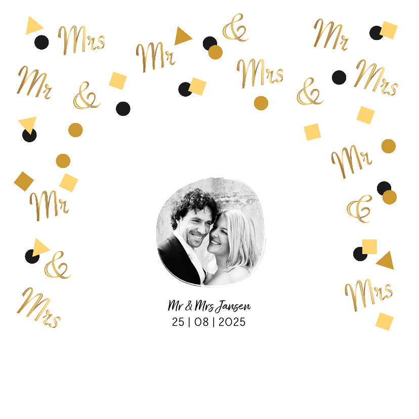 Trouwkaart Mr. & Mrs. in goud confetti - Trouwkaarten Trouwkaarten - Trouwkaart Mr. & Mrs. in goud confetti