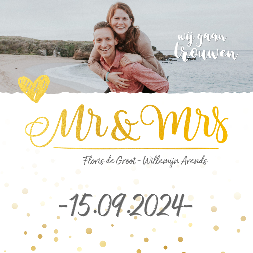 Trouwkaart mr&mrs met foto goud - Trouwkaarten Trouwkaarten - Trouwkaart mr&mrs met foto goud