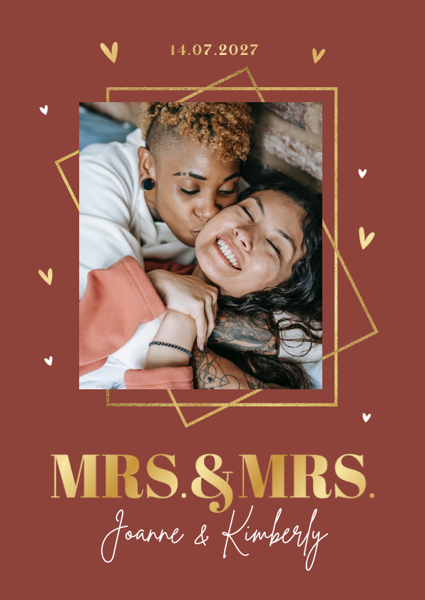 Trouwkaart mrs and mrs goud hartjes foto - Trouwkaarten Trouwkaarten - Trouwkaart mrs and mrs goud hartjes foto