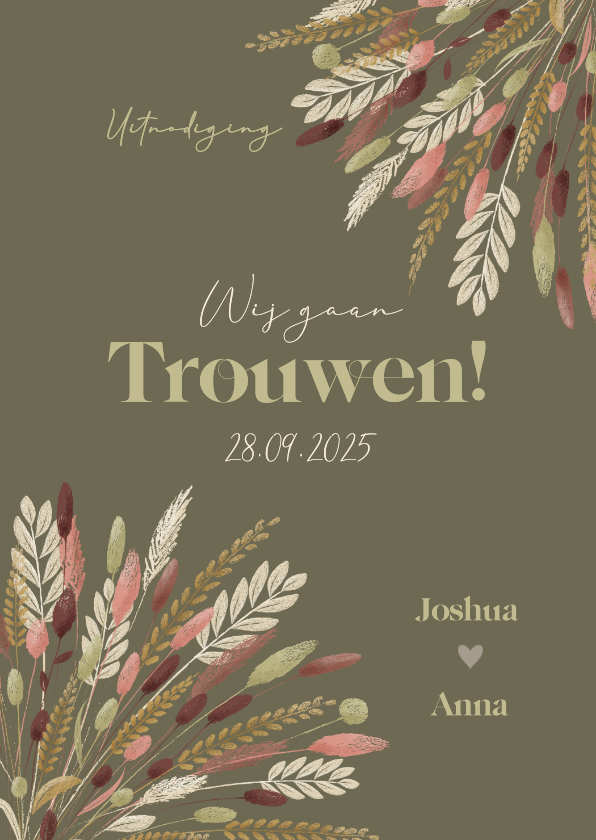 Trouwkaart natuurlijk boho chique droogbloemen boeket - Trouwkaarten Trouwkaarten - Trouwkaart natuurlijk boho chique droogbloemen boeket