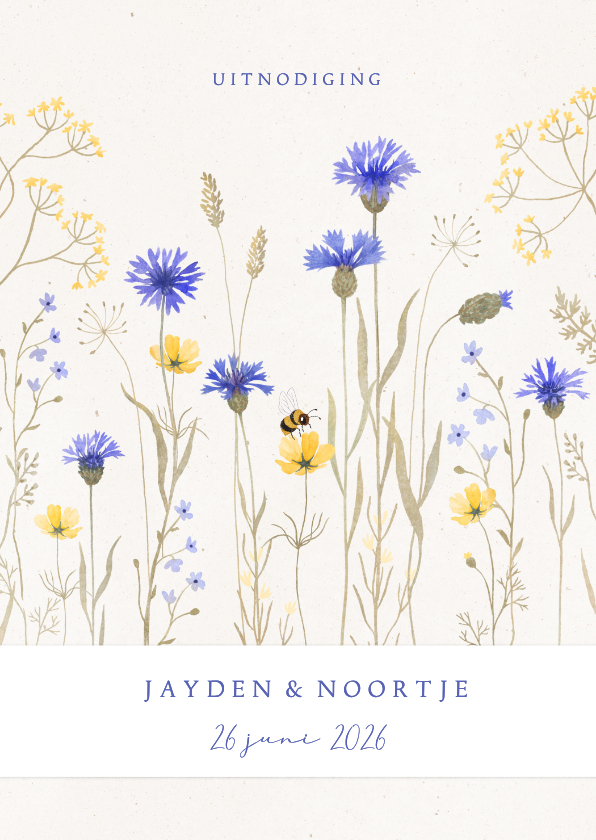 Trouwkaarten - Trouwkaart natuurlijk met aquarel geschilderde wilde bloemen