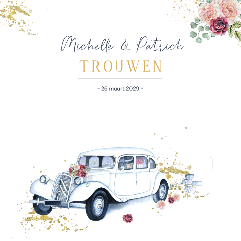 Trouwkaarten - Trouwkaart oldtimer rozen