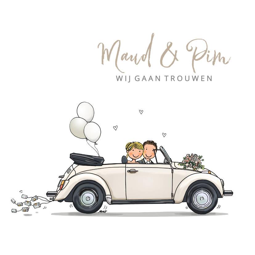 Trouwkaart retro cabrio - Trouwkaarten Trouwkaarten - Trouwkaart retro cabrio