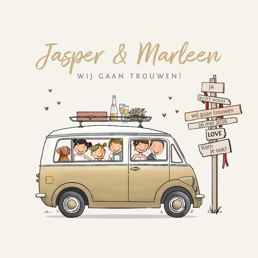 Trouwkaarten - Trouwkaart retrobus met bruidspaar