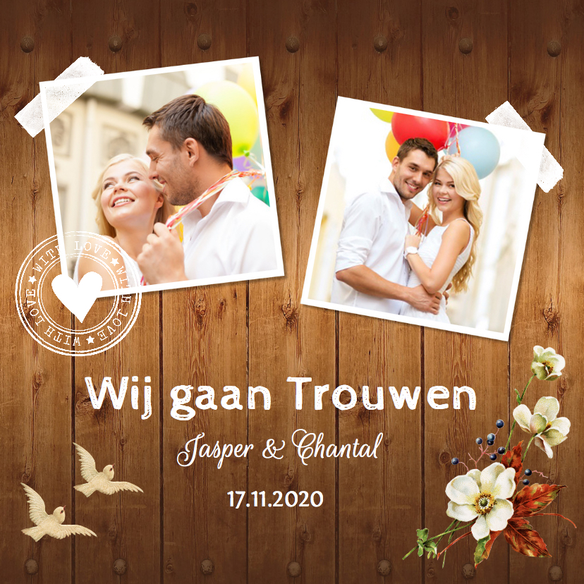 Trouwkaart romantisch bloemen hout - Trouwkaarten Trouwkaarten - Trouwkaart romantisch bloemen hout