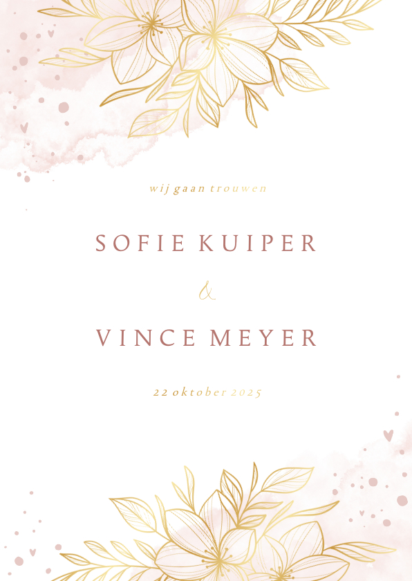 Trouwkaarten - Trouwkaart romantisch gouden bloemen met roze waterverf