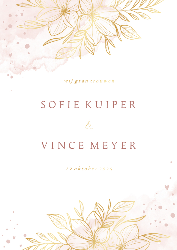Trouwkaart romantisch gouden bloemen met roze waterverf - Trouwkaarten Trouwkaarten - Trouwkaart romantisch gouden bloemen met roze waterverf