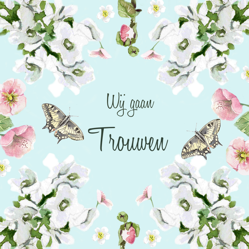 Trouwkaart Romantische bloemen vlinders - Trouwkaarten Trouwkaarten - Trouwkaart Romantische bloemen vlinders