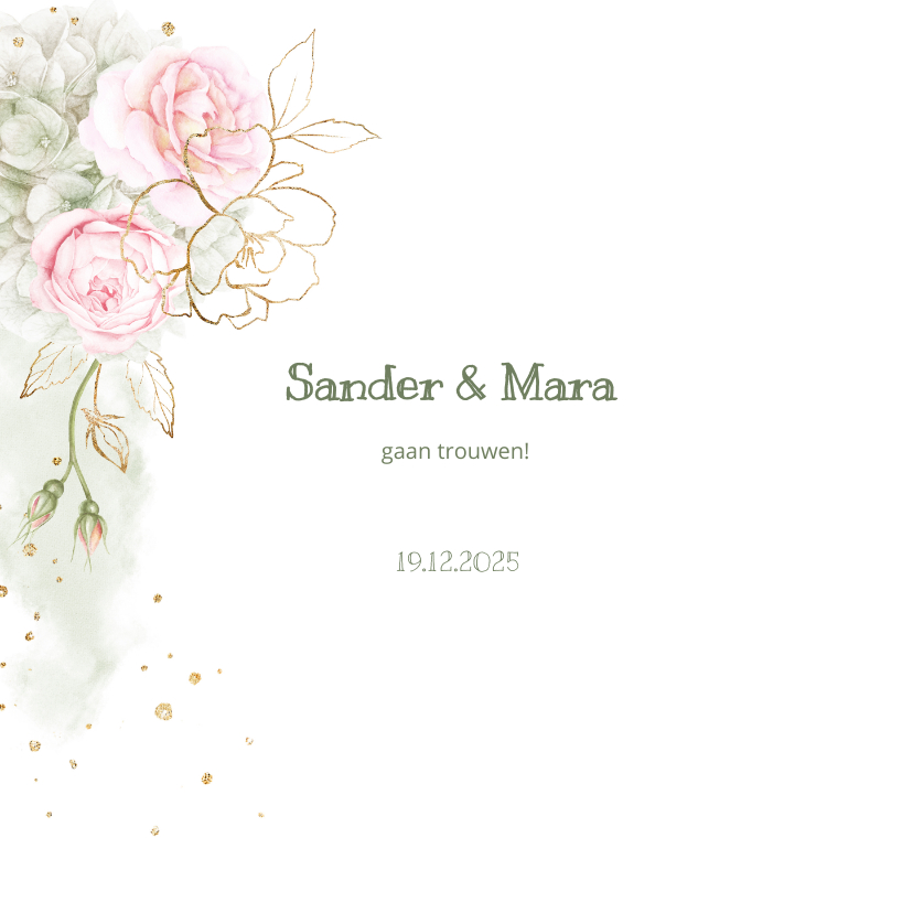 Trouwkaart roze rozen met goud Trouwkaart roze rozen met goud