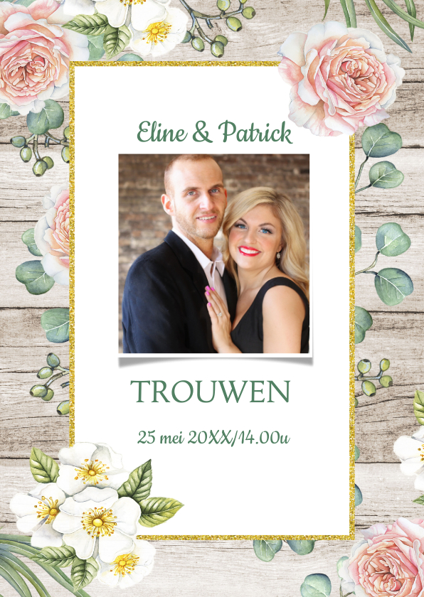 Trouwkaarten - Trouwkaart rozen houtlook