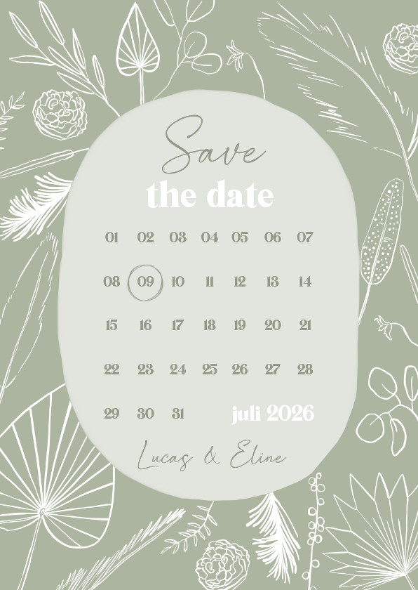 Trouwkaarten - Trouwkaart save the date bohemian lijntekening kalender