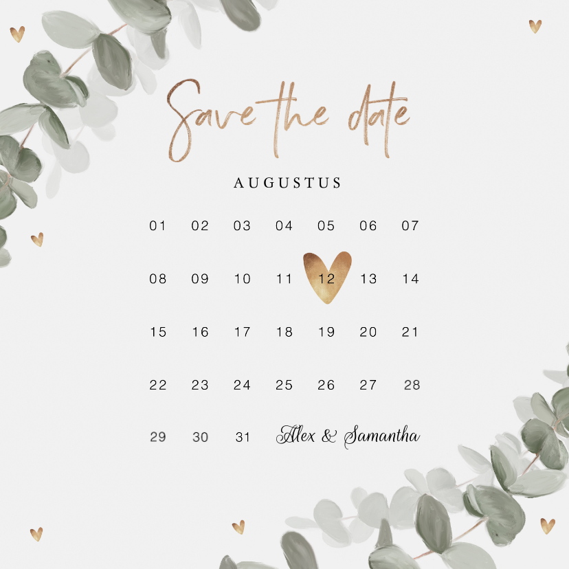 Trouwkaarten - Trouwkaart save the date eucalyptus goud hartjes