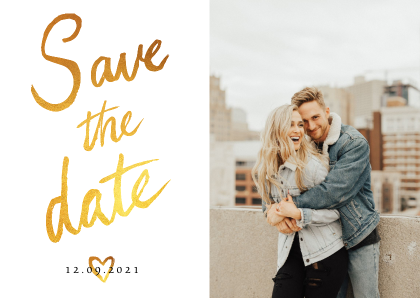 Trouwkaart Save the date fotocollage met goud - Trouwkaarten Trouwkaarten - Trouwkaart Save the date fotocollage met goud