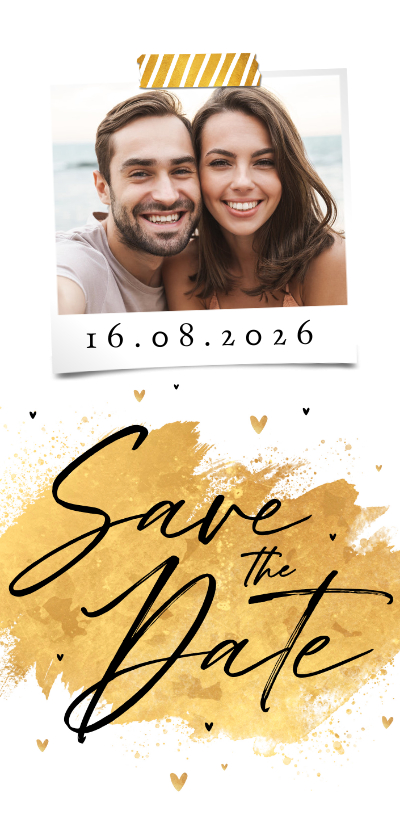 Trouwkaarten - Trouwkaart Save the Date goud hartjes stijlvol foto