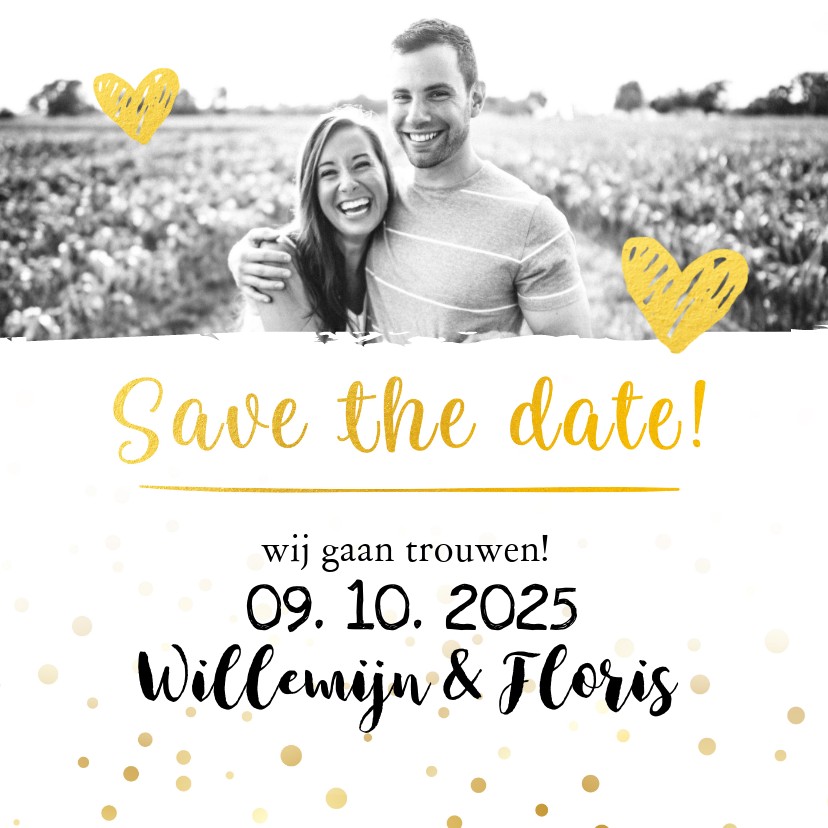 Trouwkaarten - Trouwkaart save the date goud met foto