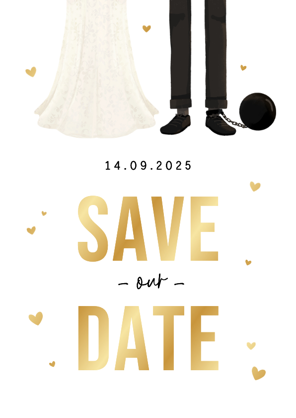 Trouwkaarten - Trouwkaart save the date grappig cartoon humor hartjes goud