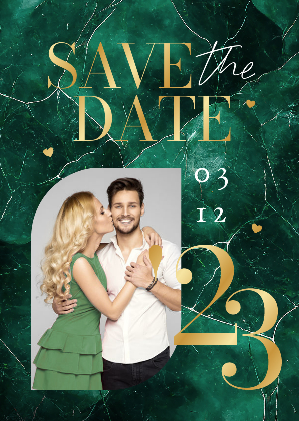 Trouwkaarten - Trouwkaart Save the Date groen marmer stijlvol goud foto