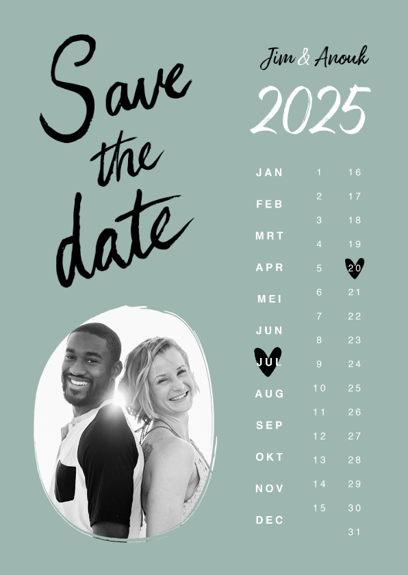 Trouwkaarten - Trouwkaart save the date hip kalender hartjes