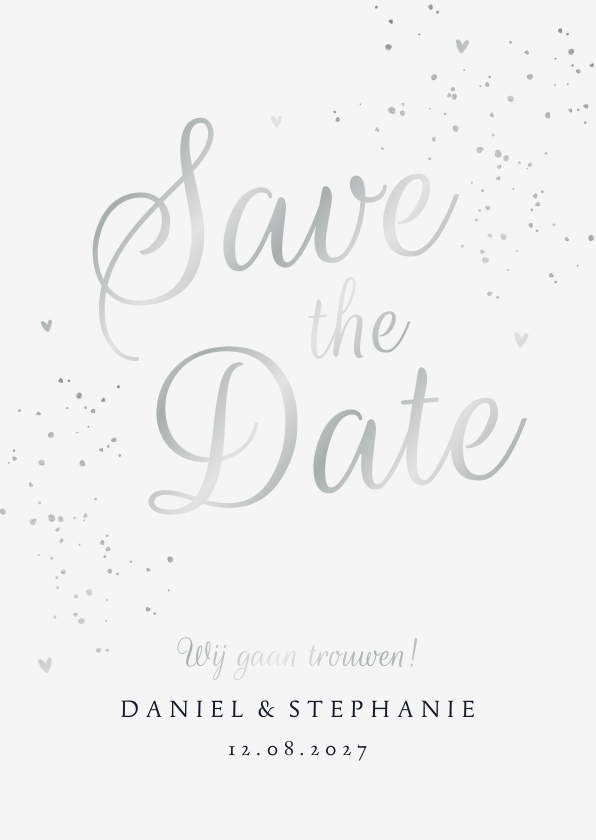 Trouwkaart save the date klassiek zilver met hartjes - Trouwkaarten Trouwkaarten - Trouwkaart save the date klassiek zilver met hartjes