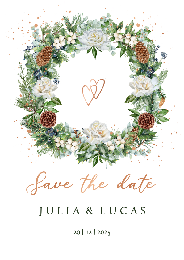 Trouwkaart save the date krans rozen met kersttakken - Trouwkaarten Trouwkaarten - Trouwkaart save the date krans rozen met kersttakken