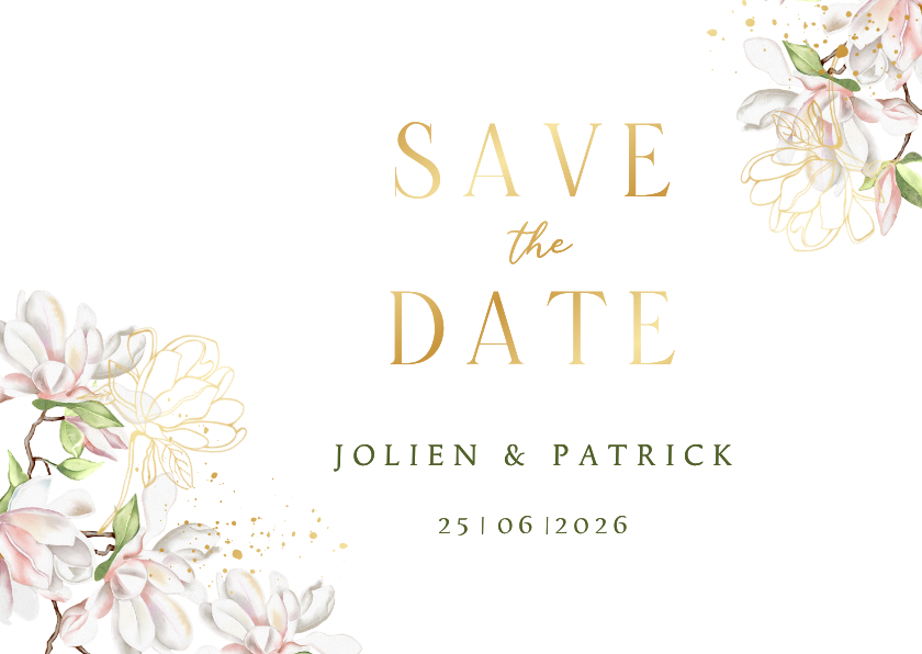 Trouwkaarten - Trouwkaart save the date magnoliatakken met goudfolie
