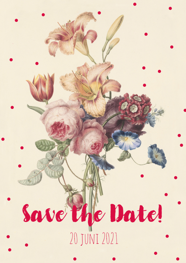 Trouwkaart save the date met een vintage bloemenbos. - Trouwkaarten Trouwkaarten - Trouwkaart save the date met een vintage bloemenbos.