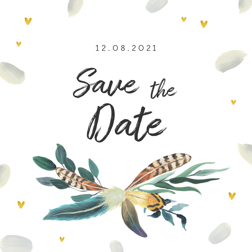 Trouwkaart save the date romantisch met veren en hartjes - Trouwkaarten Trouwkaarten - Trouwkaart save the date romantisch met veren en hartjes