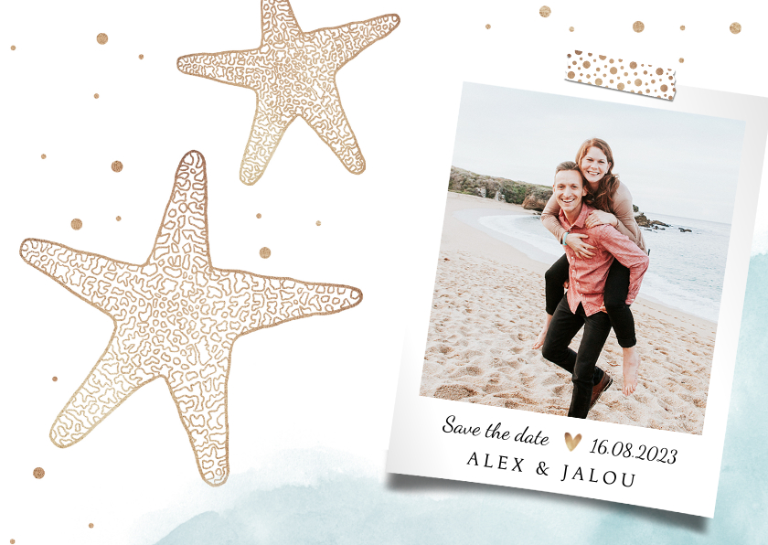 Trouwkaart save the date strand zeester goud foto - Trouwkaarten Trouwkaarten - Trouwkaart save the date strand zeester goud foto