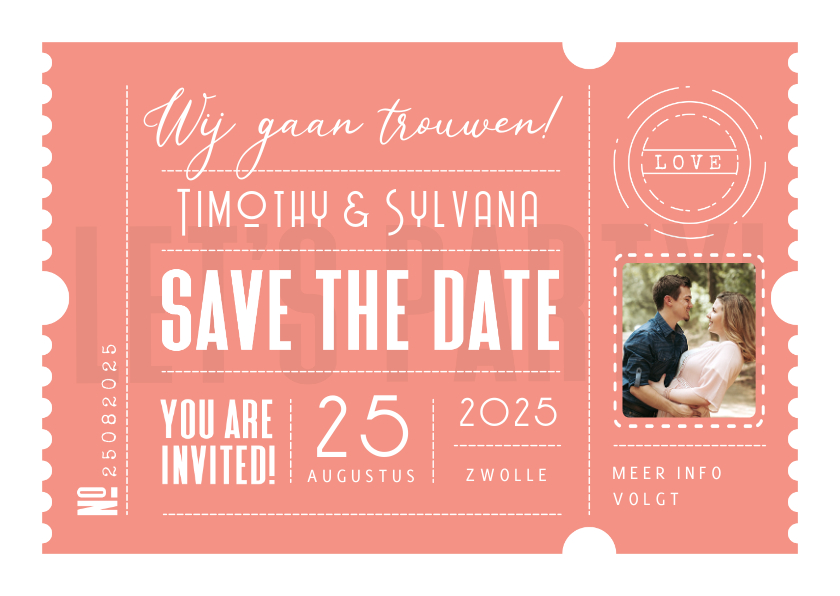 Trouwkaarten - Trouwkaart save the date ticket hip modern foto zalmroze