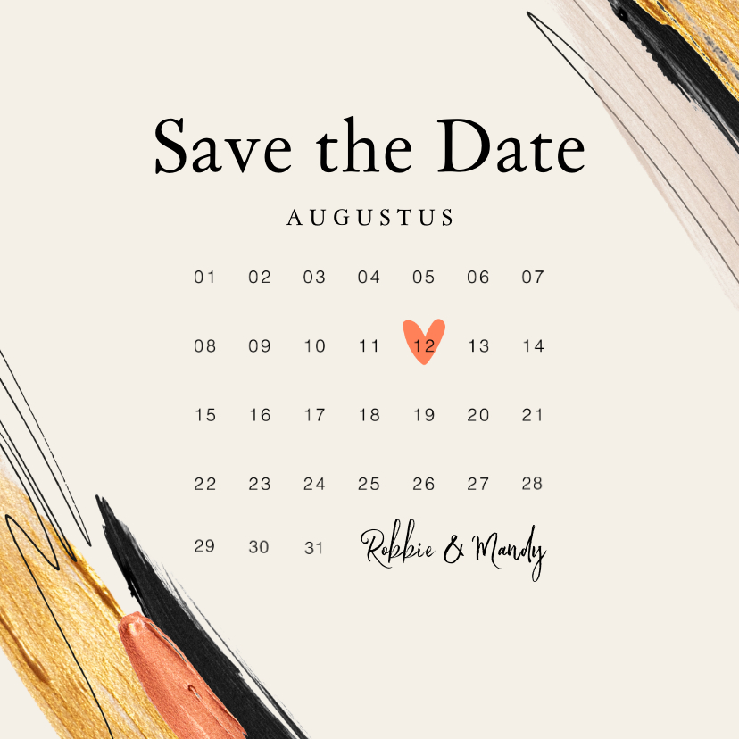 Trouwkaarten - Trouwkaart save the date verf trend kalender hartje goud