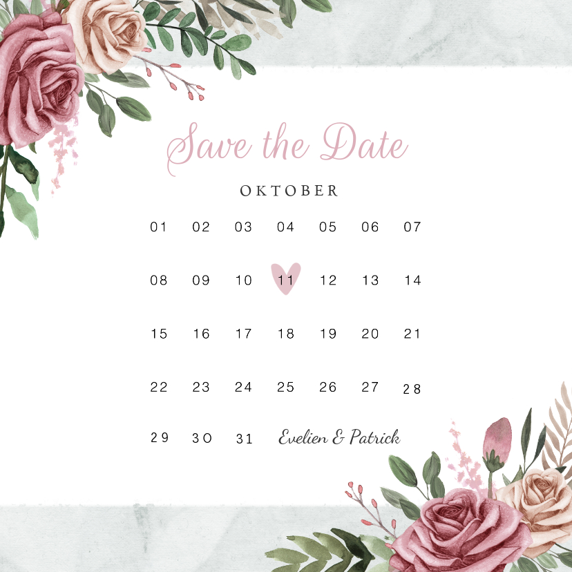 Trouwkaart save the date vintage bloemen kalender - Trouwkaarten Trouwkaarten - Trouwkaart save the date vintage bloemen kalender